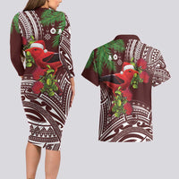Christmas Hawaii with I'iwi Bird Couples Matching Long Sleeve Bodycon Dress and Hawaiian Shirt Aloha Mele Kalikimaka - Oxblood Art LT9 - Polynesian Pride