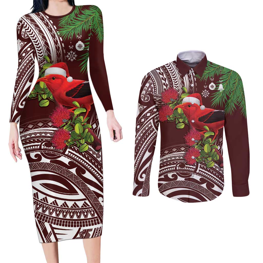Christmas Hawaii with I'iwi Bird Couples Matching Long Sleeve Bodycon Dress and Long Sleeve Button Shirt Aloha Mele Kalikimaka - Oxblood Art LT9 Oxblood - Polynesian Pride