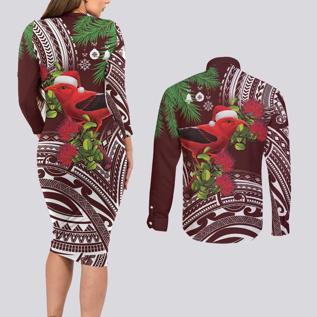 Christmas Hawaii with I'iwi Bird Couples Matching Long Sleeve Bodycon Dress and Long Sleeve Button Shirt Aloha Mele Kalikimaka - Oxblood Art LT9 - Polynesian Pride