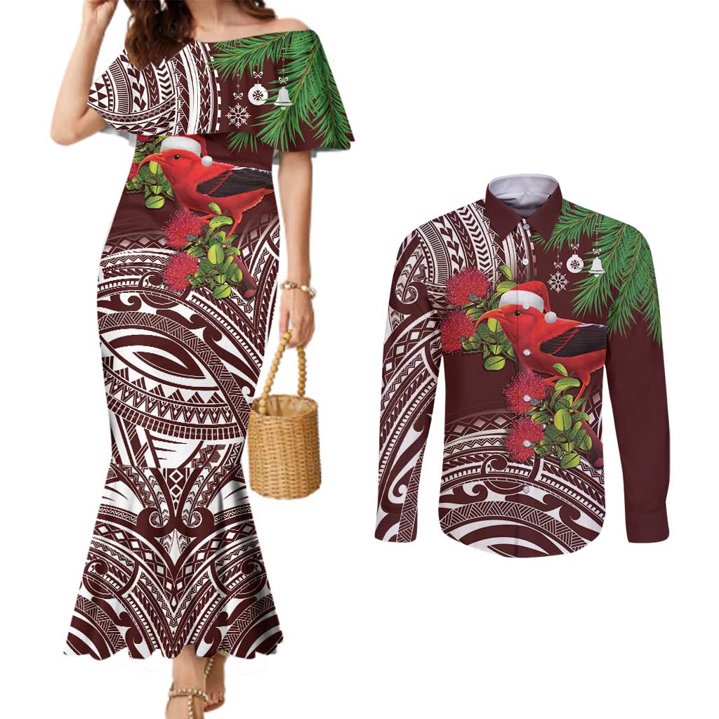 Christmas Hawaii with I'iwi Bird Couples Matching Mermaid Dress and Long Sleeve Button Shirt Aloha Mele Kalikimaka - Oxblood Art LT9 Oxblood - Polynesian Pride