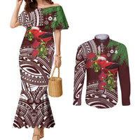 Christmas Hawaii with I'iwi Bird Couples Matching Mermaid Dress and Long Sleeve Button Shirt Aloha Mele Kalikimaka - Oxblood Art LT9 Oxblood - Polynesian Pride