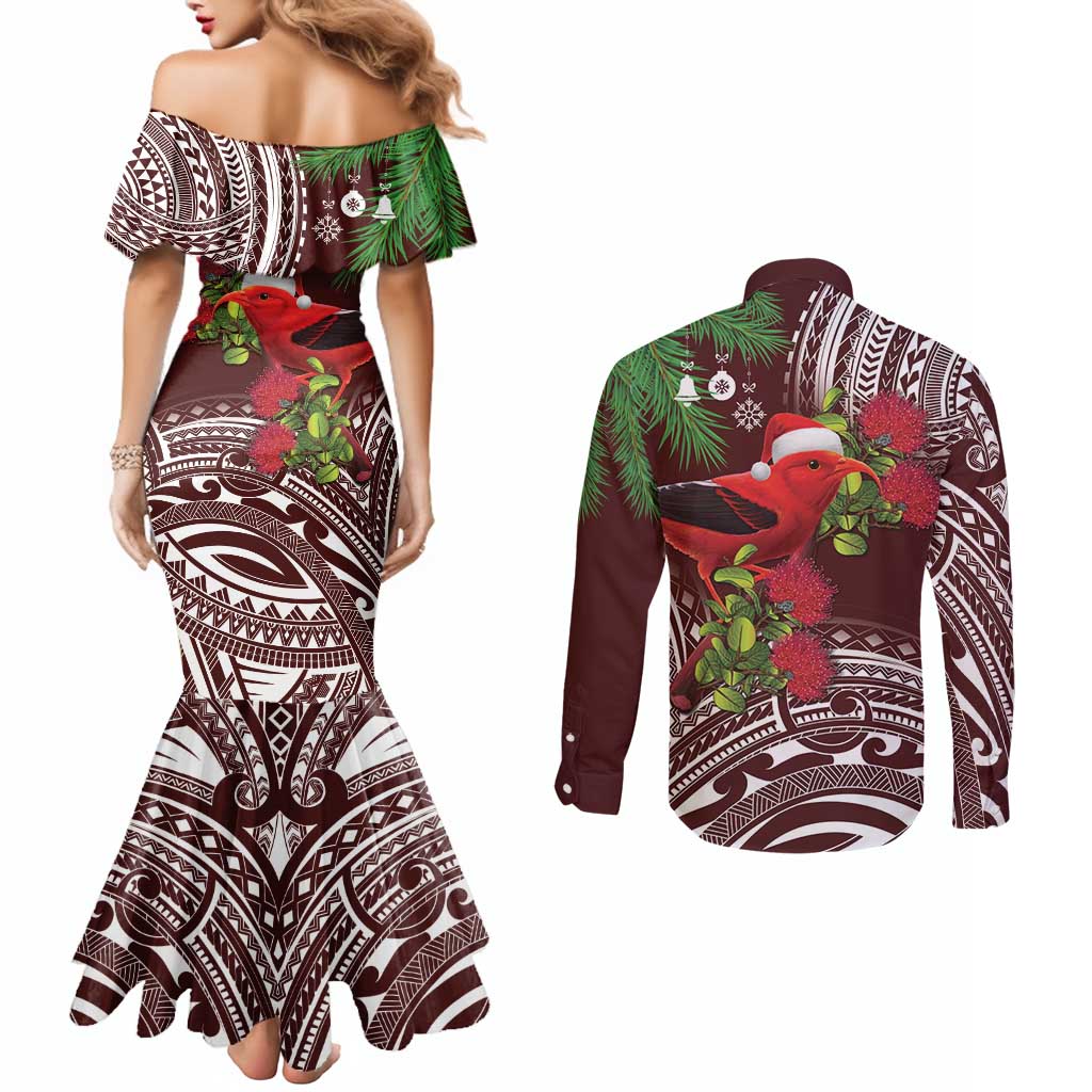 Christmas Hawaii with I'iwi Bird Couples Matching Mermaid Dress and Long Sleeve Button Shirt Aloha Mele Kalikimaka - Oxblood Art LT9 - Polynesian Pride