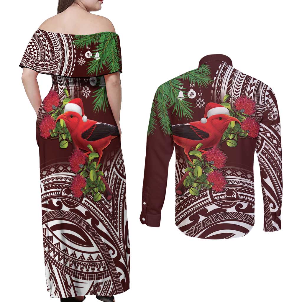 Christmas Hawaii with I'iwi Bird Couples Matching Off Shoulder Maxi Dress and Long Sleeve Button Shirt Aloha Mele Kalikimaka - Oxblood Art LT9 - Polynesian Pride