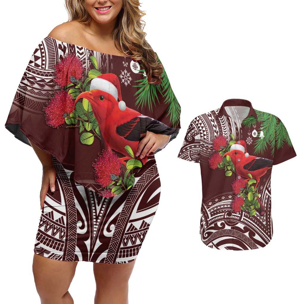 Christmas Hawaii with I'iwi Bird Couples Matching Off Shoulder Short Dress and Hawaiian Shirt Aloha Mele Kalikimaka - Oxblood Art LT9 Oxblood - Polynesian Pride