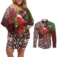 Christmas Hawaii with I'iwi Bird Couples Matching Off Shoulder Short Dress and Long Sleeve Button Shirt Aloha Mele Kalikimaka - Oxblood Art LT9 Oxblood - Polynesian Pride