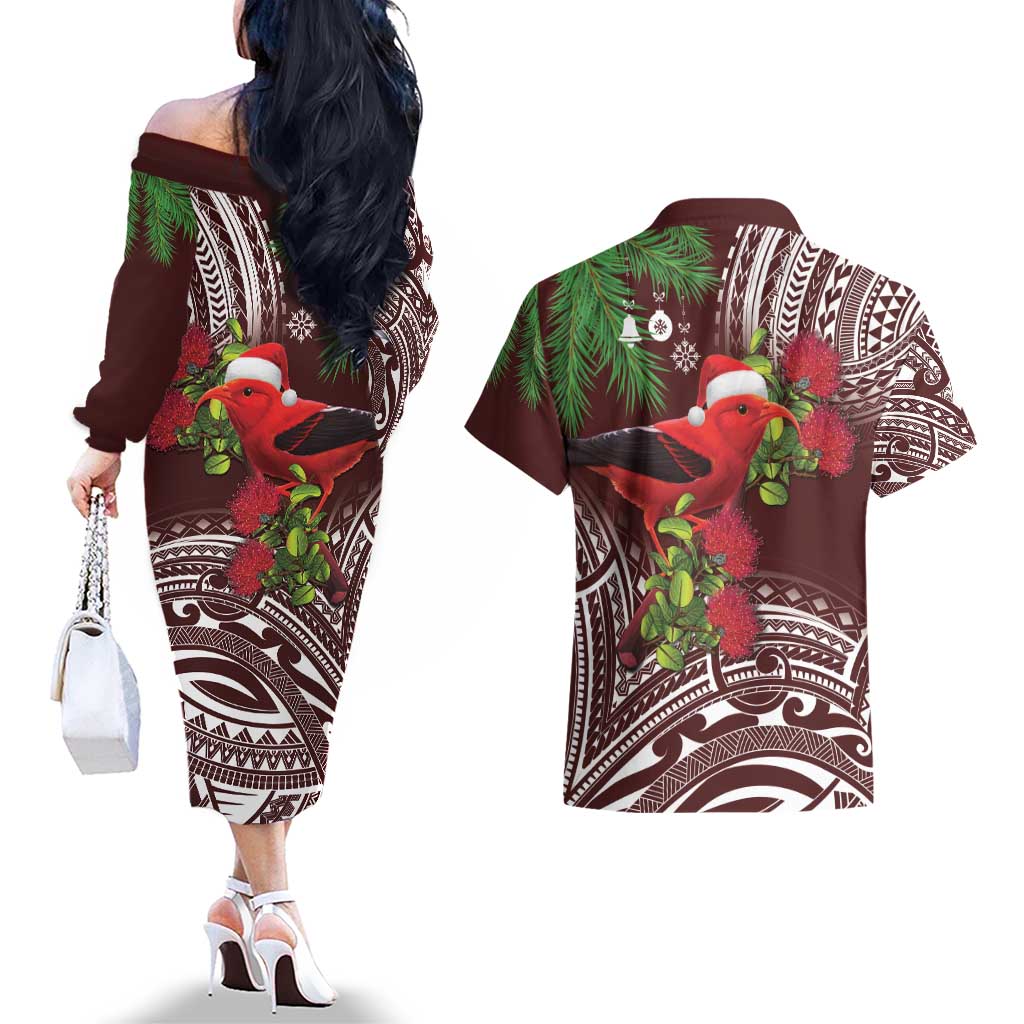 Christmas Hawaii with I'iwi Bird Couples Matching Off The Shoulder Long Sleeve Dress and Hawaiian Shirt Aloha Mele Kalikimaka - Oxblood Art LT9 - Polynesian Pride