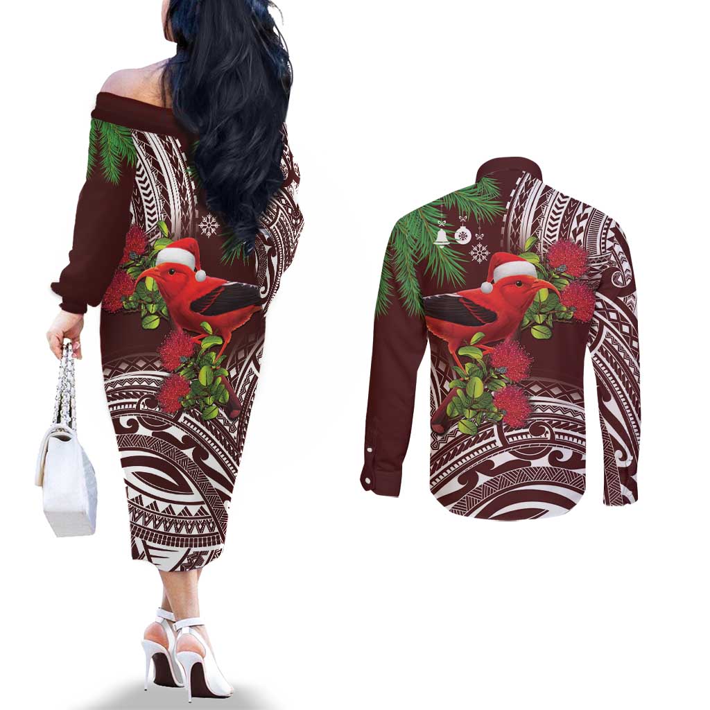 Christmas Hawaii with I'iwi Bird Couples Matching Off The Shoulder Long Sleeve Dress and Long Sleeve Button Shirt Aloha Mele Kalikimaka - Oxblood Art LT9 - Polynesian Pride