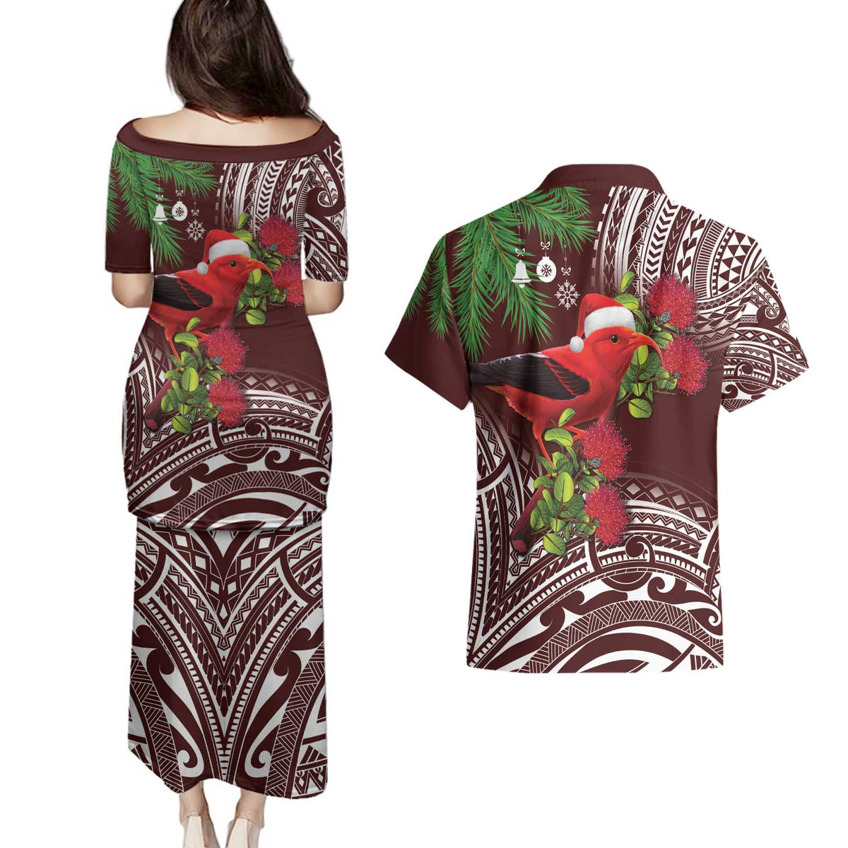 Christmas Hawaii with I'iwi Bird Couples Matching Puletasi and Hawaiian Shirt Aloha Mele Kalikimaka - Oxblood Art LT9 - Polynesian Pride
