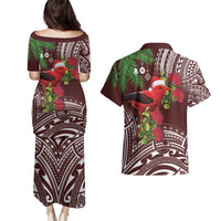 Christmas Hawaii with I'iwi Bird Couples Matching Puletasi and Hawaiian Shirt Aloha Mele Kalikimaka - Oxblood Art LT9 - Polynesian Pride