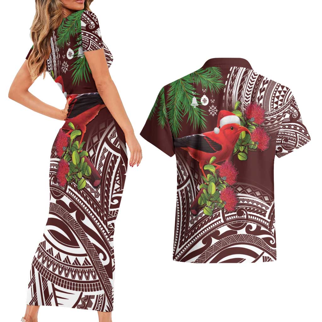 Christmas Hawaii with I'iwi Bird Couples Matching Short Sleeve Bodycon Dress and Hawaiian Shirt Aloha Mele Kalikimaka - Oxblood Art LT9 - Polynesian Pride