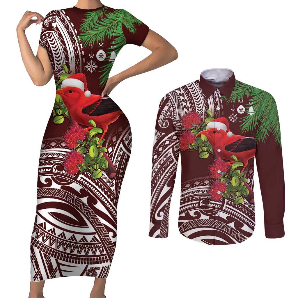 Christmas Hawaii with I'iwi Bird Couples Matching Short Sleeve Bodycon Dress and Long Sleeve Button Shirt Aloha Mele Kalikimaka - Oxblood Art LT9 Oxblood - Polynesian Pride