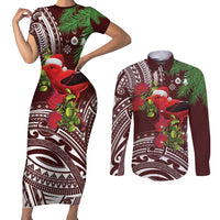 Christmas Hawaii with I'iwi Bird Couples Matching Short Sleeve Bodycon Dress and Long Sleeve Button Shirt Aloha Mele Kalikimaka - Oxblood Art LT9 Oxblood - Polynesian Pride