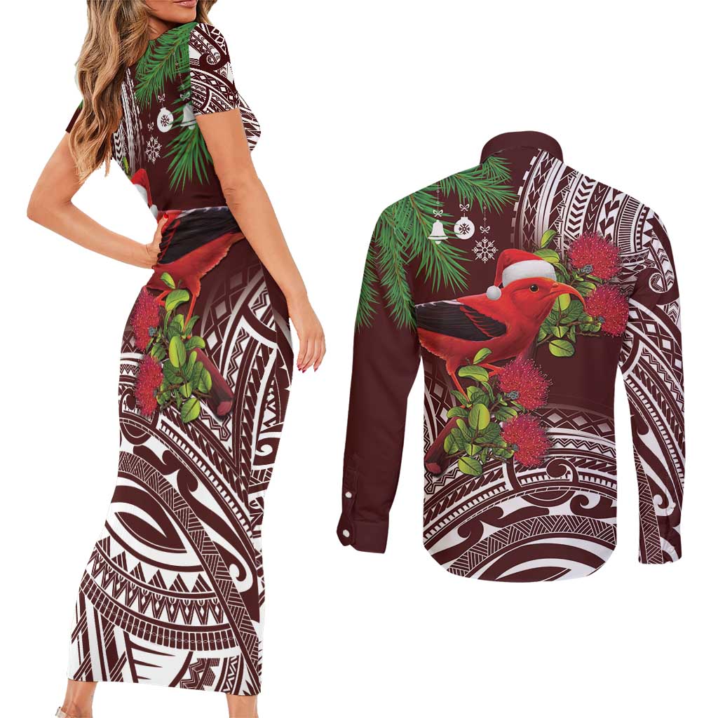 Christmas Hawaii with I'iwi Bird Couples Matching Short Sleeve Bodycon Dress and Long Sleeve Button Shirt Aloha Mele Kalikimaka - Oxblood Art LT9 - Polynesian Pride
