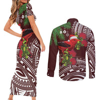 Christmas Hawaii with I'iwi Bird Couples Matching Short Sleeve Bodycon Dress and Long Sleeve Button Shirt Aloha Mele Kalikimaka - Oxblood Art LT9 - Polynesian Pride