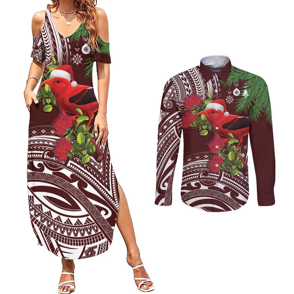 Christmas Hawaii with I'iwi Bird Couples Matching Summer Maxi Dress and Long Sleeve Button Shirt Aloha Mele Kalikimaka - Oxblood Art LT9 Oxblood - Polynesian Pride