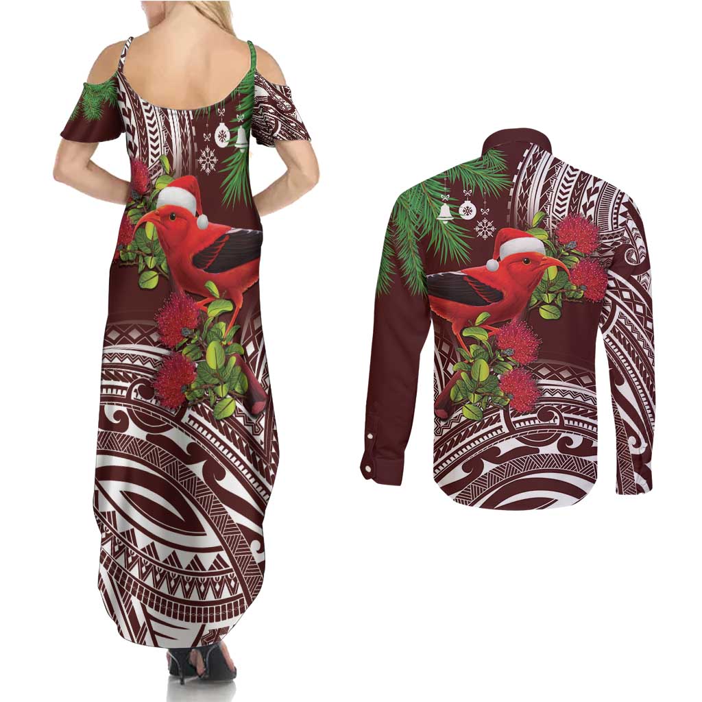 Christmas Hawaii with I'iwi Bird Couples Matching Summer Maxi Dress and Long Sleeve Button Shirt Aloha Mele Kalikimaka - Oxblood Art LT9 - Polynesian Pride