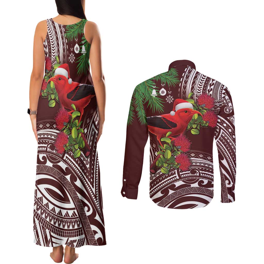 Christmas Hawaii with I'iwi Bird Couples Matching Tank Maxi Dress and Long Sleeve Button Shirt Aloha Mele Kalikimaka - Oxblood Art LT9 - Polynesian Pride