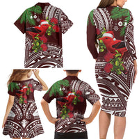 Christmas Hawaii with I'iwi Bird Family Matching Long Sleeve Bodycon Dress and Hawaiian Shirt Aloha Mele Kalikimaka - Oxblood Art LT9 - Polynesian Pride