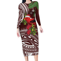 Christmas Hawaii with I'iwi Bird Family Matching Long Sleeve Bodycon Dress and Hawaiian Shirt Aloha Mele Kalikimaka - Oxblood Art LT9 Mom's Dress Oxblood - Polynesian Pride