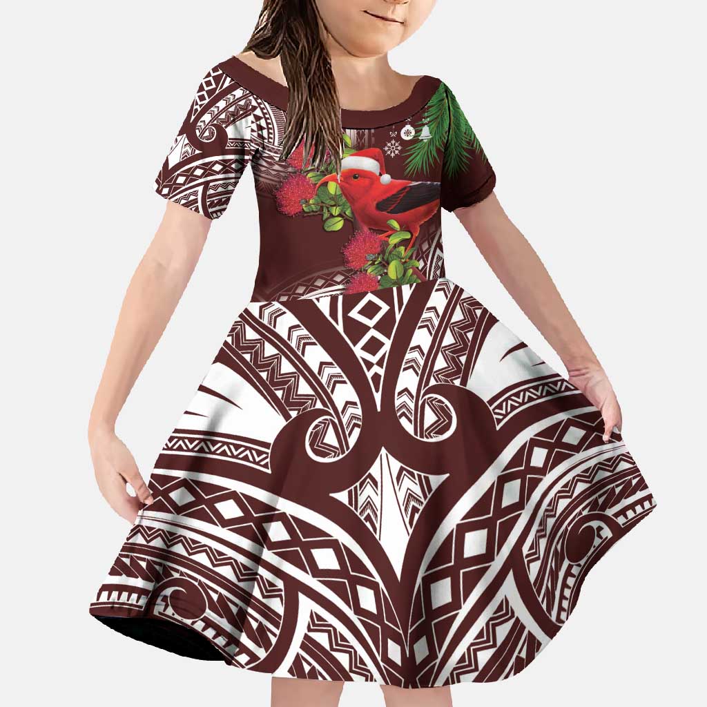Christmas Hawaii with I'iwi Bird Family Matching Mermaid Dress and Hawaiian Shirt Aloha Mele Kalikimaka - Oxblood Art LT9 Daughter's Dress Oxblood - Polynesian Pride