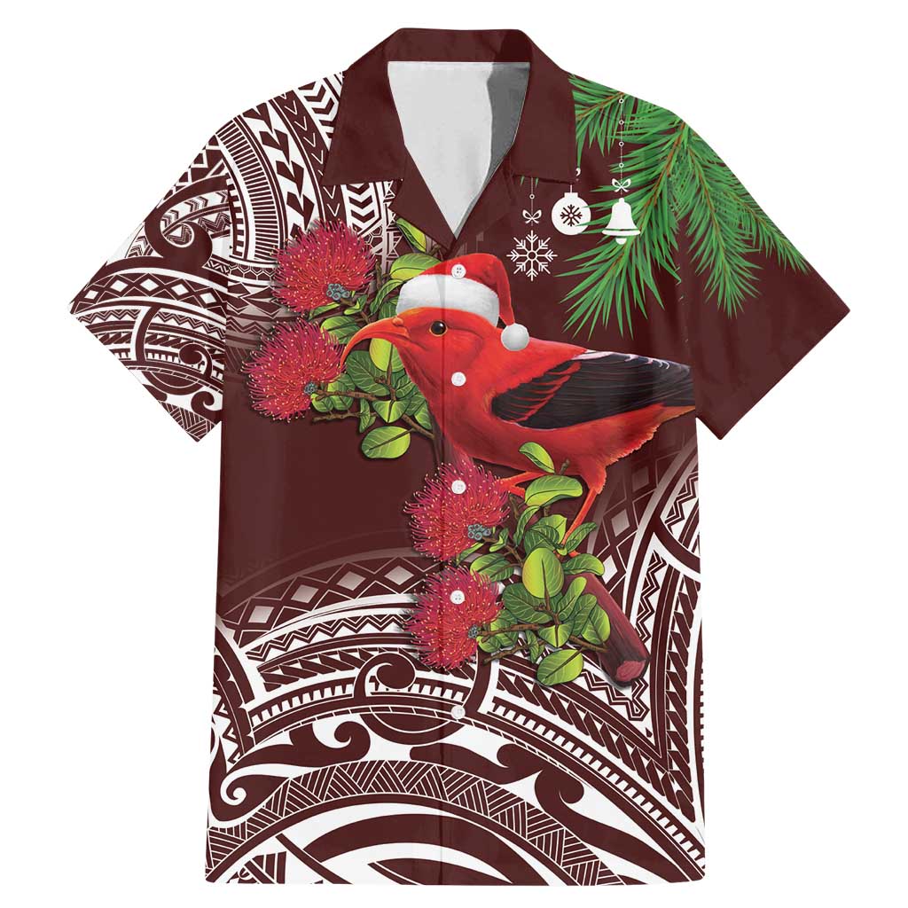 Christmas Hawaii with I'iwi Bird Family Matching Mermaid Dress and Hawaiian Shirt Aloha Mele Kalikimaka - Oxblood Art LT9 Dad's Shirt - Short Sleeve Oxblood - Polynesian Pride