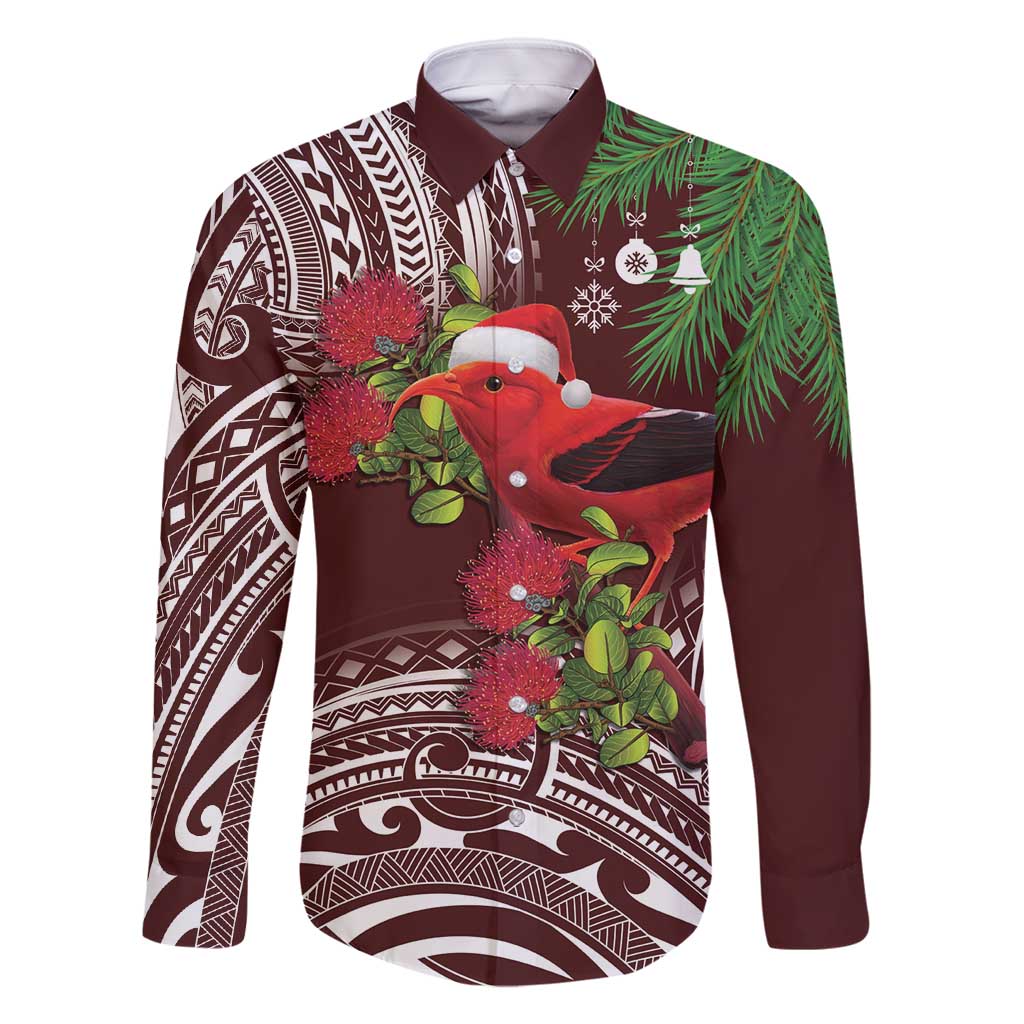 Christmas Hawaii with I'iwi Bird Family Matching Mermaid Dress and Hawaiian Shirt Aloha Mele Kalikimaka - Oxblood Art LT9 Dad's Shirt - Long Sleeve Oxblood - Polynesian Pride