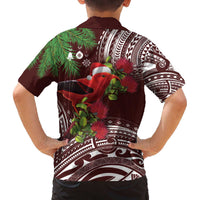 Christmas Hawaii with I'iwi Bird Family Matching Off The Shoulder Long Sleeve Dress and Hawaiian Shirt Aloha Mele Kalikimaka - Oxblood Art LT9 - Polynesian Pride