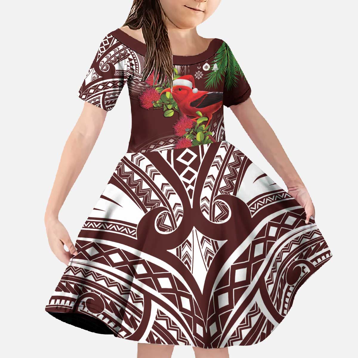 Christmas Hawaii with I'iwi Bird Family Matching Off The Shoulder Long Sleeve Dress and Hawaiian Shirt Aloha Mele Kalikimaka - Oxblood Art LT9 Daughter's Dress Oxblood - Polynesian Pride