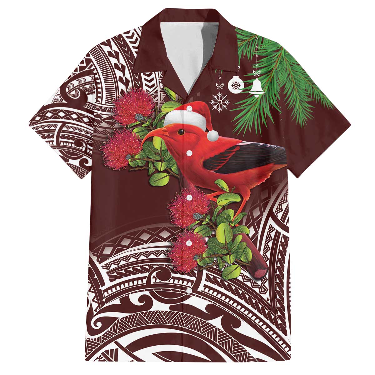 Christmas Hawaii with I'iwi Bird Family Matching Off The Shoulder Long Sleeve Dress and Hawaiian Shirt Aloha Mele Kalikimaka - Oxblood Art LT9 Dad's Shirt - Short Sleeve Oxblood - Polynesian Pride
