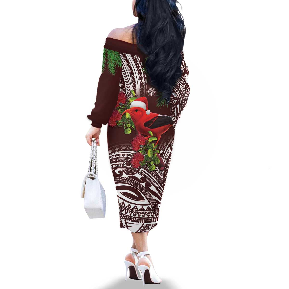 Christmas Hawaii with I'iwi Bird Family Matching Off The Shoulder Long Sleeve Dress and Hawaiian Shirt Aloha Mele Kalikimaka - Oxblood Art LT9 - Polynesian Pride