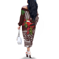 Christmas Hawaii with I'iwi Bird Family Matching Off The Shoulder Long Sleeve Dress and Hawaiian Shirt Aloha Mele Kalikimaka - Oxblood Art LT9 - Polynesian Pride