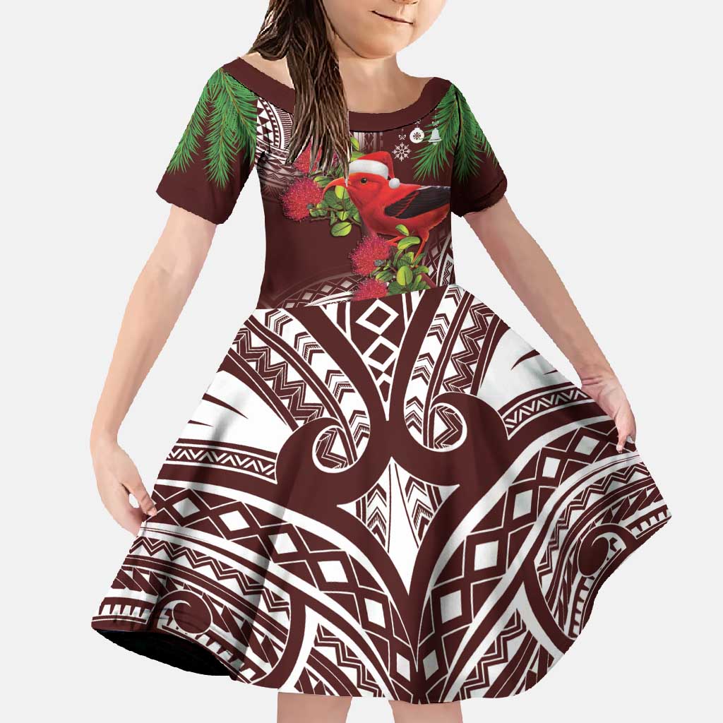 Christmas Hawaii with I'iwi Bird Family Matching Off Shoulder Maxi Dress and Hawaiian Shirt Aloha Mele Kalikimaka - Oxblood Art LT9 Daughter's Dress Oxblood - Polynesian Pride