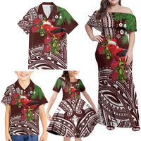 Christmas Hawaii with I'iwi Bird Family Matching Off Shoulder Maxi Dress and Hawaiian Shirt Aloha Mele Kalikimaka - Oxblood Art LT9 - Polynesian Pride