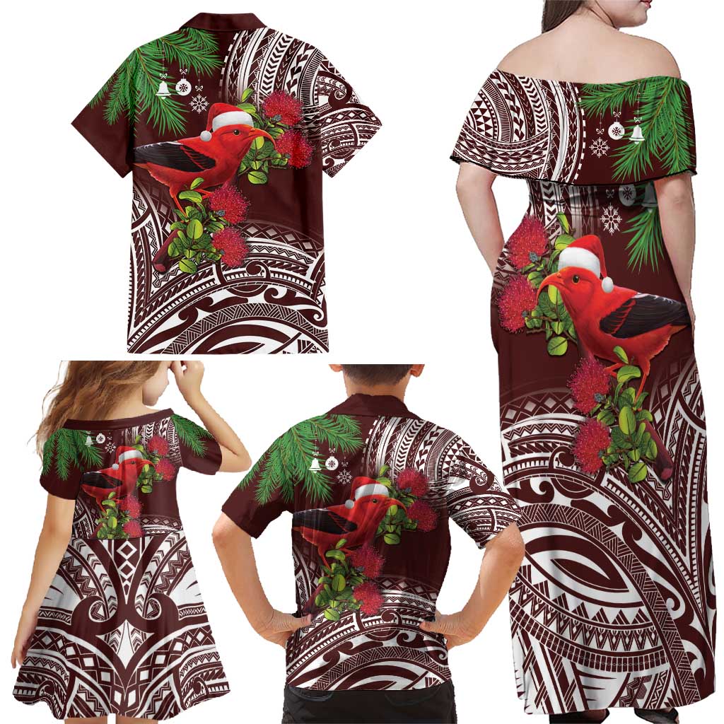 Christmas Hawaii with I'iwi Bird Family Matching Off Shoulder Maxi Dress and Hawaiian Shirt Aloha Mele Kalikimaka - Oxblood Art LT9 - Polynesian Pride