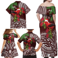 Christmas Hawaii with I'iwi Bird Family Matching Off Shoulder Maxi Dress and Hawaiian Shirt Aloha Mele Kalikimaka - Oxblood Art LT9 - Polynesian Pride