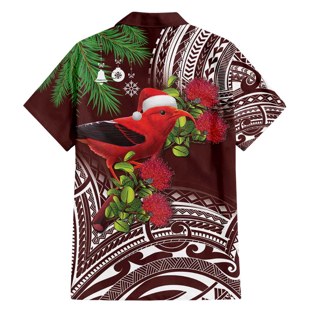 Christmas Hawaii with I'iwi Bird Family Matching Off Shoulder Maxi Dress and Hawaiian Shirt Aloha Mele Kalikimaka - Oxblood Art LT9 - Polynesian Pride