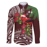 Christmas Hawaii with I'iwi Bird Family Matching Off Shoulder Maxi Dress and Hawaiian Shirt Aloha Mele Kalikimaka - Oxblood Art LT9 Dad's Shirt - Long Sleeve Oxblood - Polynesian Pride