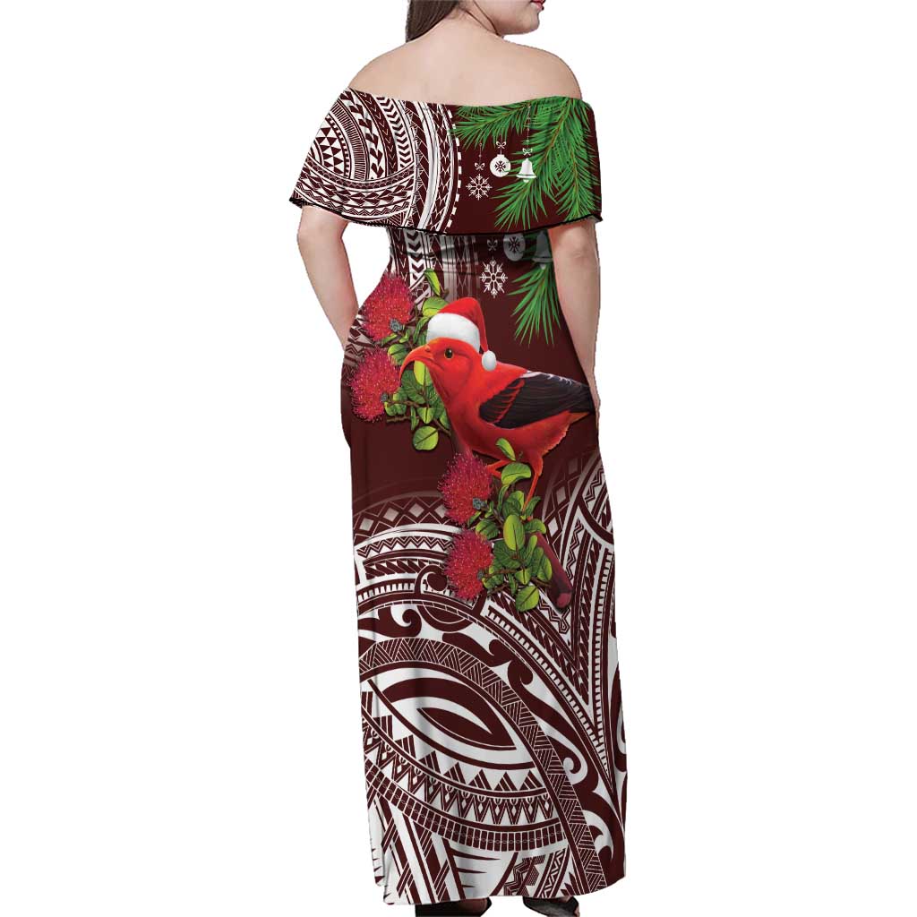 Christmas Hawaii with I'iwi Bird Family Matching Off Shoulder Maxi Dress and Hawaiian Shirt Aloha Mele Kalikimaka - Oxblood Art LT9 - Polynesian Pride