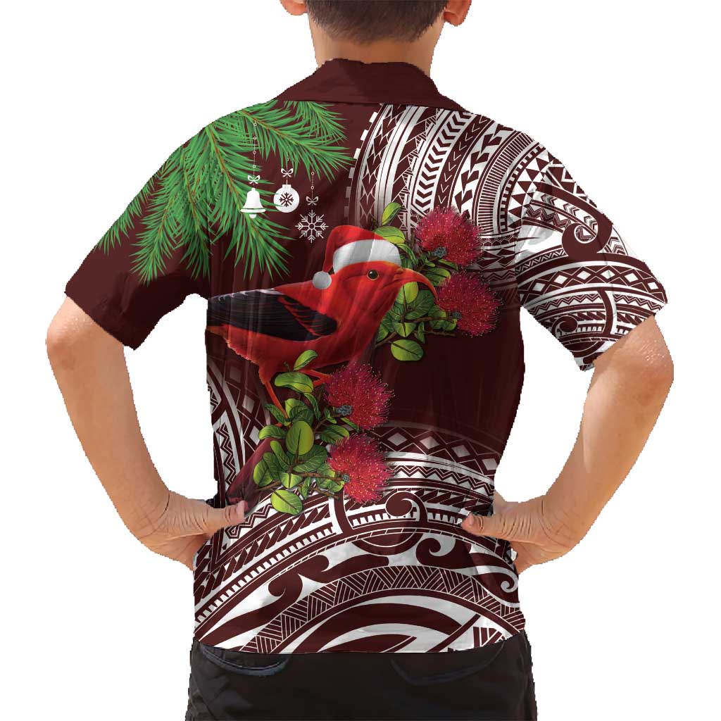 Christmas Hawaii with I'iwi Bird Family Matching Off Shoulder Short Dress and Hawaiian Shirt Aloha Mele Kalikimaka - Oxblood Art LT9 - Polynesian Pride