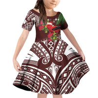Christmas Hawaii with I'iwi Bird Family Matching Off Shoulder Short Dress and Hawaiian Shirt Aloha Mele Kalikimaka - Oxblood Art LT9 Daughter's Dress Oxblood - Polynesian Pride