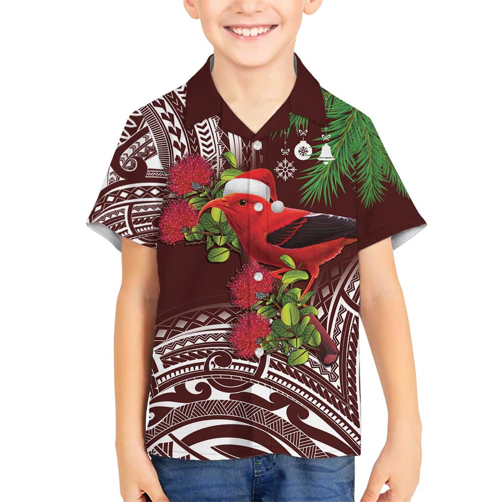 Christmas Hawaii with I'iwi Bird Family Matching Off Shoulder Short Dress and Hawaiian Shirt Aloha Mele Kalikimaka - Oxblood Art LT9 Son's Shirt Oxblood - Polynesian Pride