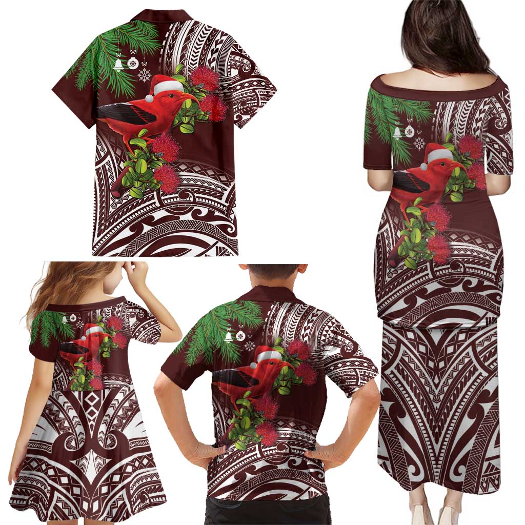 Christmas Hawaii with I'iwi Bird Family Matching Puletasi and Hawaiian Shirt Aloha Mele Kalikimaka - Oxblood Art LT9 - Polynesian Pride