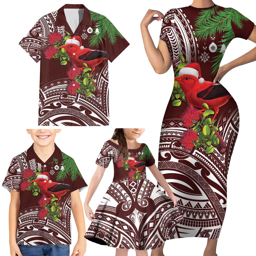 Christmas Hawaii with I'iwi Bird Family Matching Short Sleeve Bodycon Dress and Hawaiian Shirt Aloha Mele Kalikimaka - Oxblood Art LT9 - Polynesian Pride