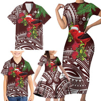 Christmas Hawaii with I'iwi Bird Family Matching Short Sleeve Bodycon Dress and Hawaiian Shirt Aloha Mele Kalikimaka - Oxblood Art LT9 - Polynesian Pride