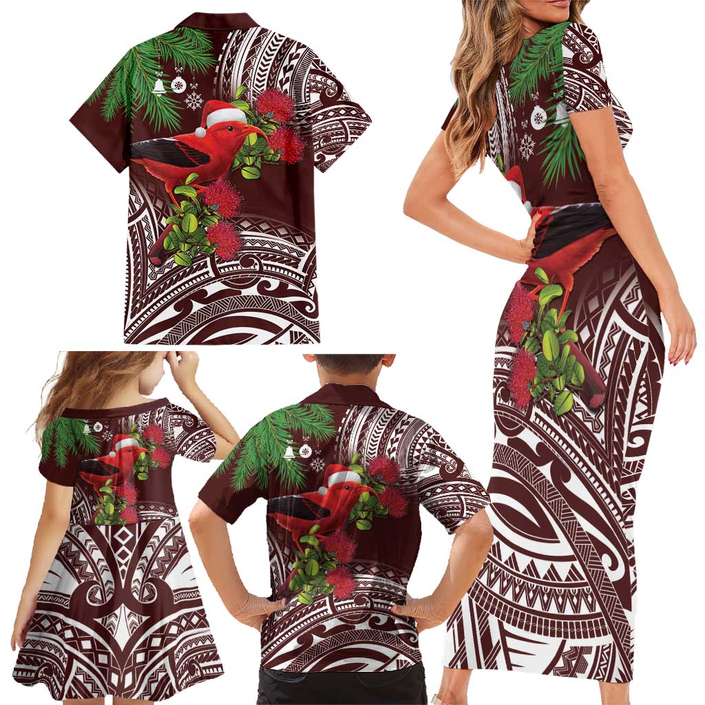 Christmas Hawaii with I'iwi Bird Family Matching Short Sleeve Bodycon Dress and Hawaiian Shirt Aloha Mele Kalikimaka - Oxblood Art LT9 - Polynesian Pride