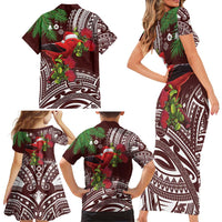 Christmas Hawaii with I'iwi Bird Family Matching Short Sleeve Bodycon Dress and Hawaiian Shirt Aloha Mele Kalikimaka - Oxblood Art LT9 - Polynesian Pride