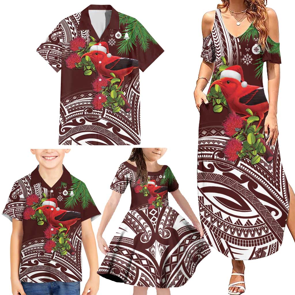 Christmas Hawaii with I'iwi Bird Family Matching Summer Maxi Dress and Hawaiian Shirt Aloha Mele Kalikimaka - Oxblood Art LT9 - Polynesian Pride