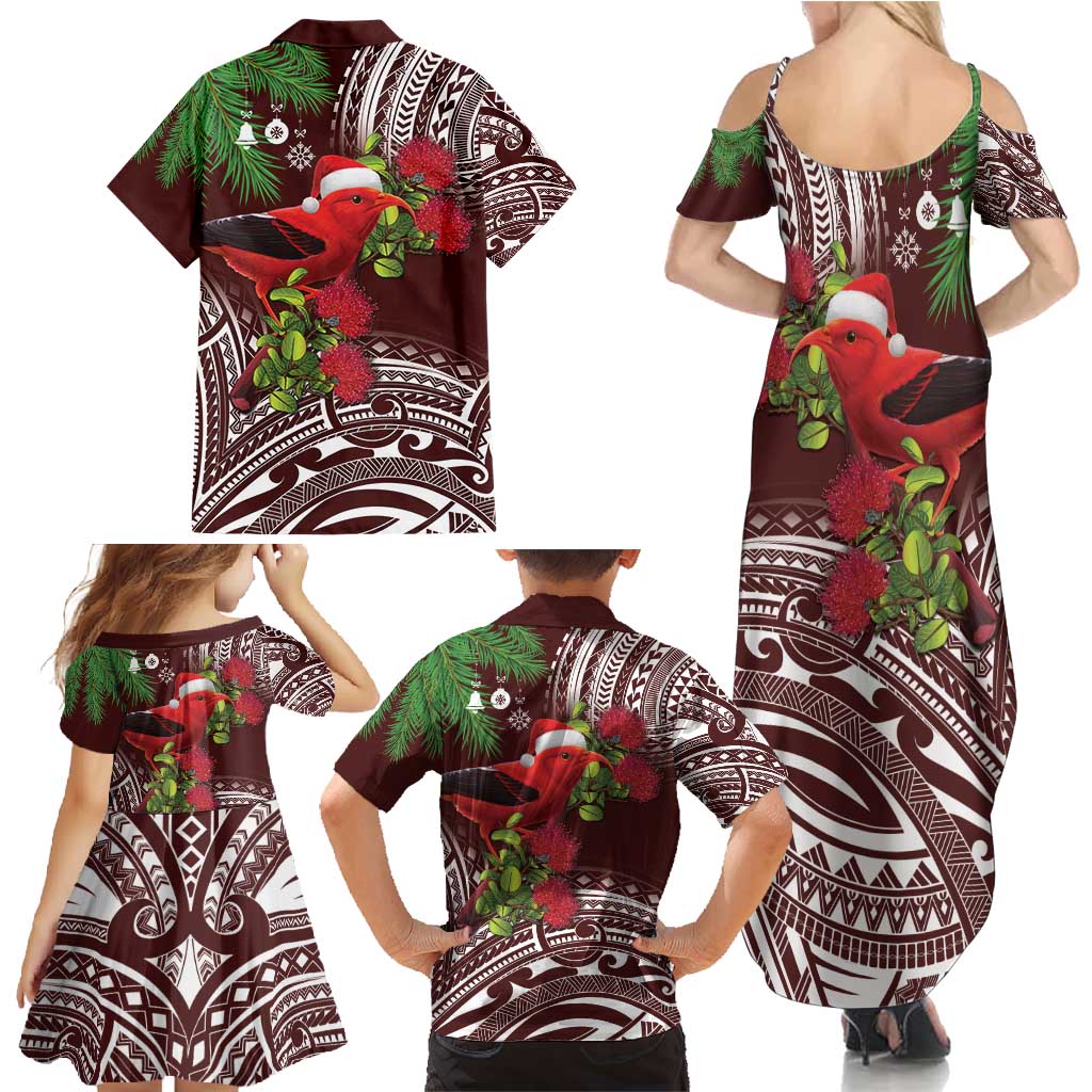 Christmas Hawaii with I'iwi Bird Family Matching Summer Maxi Dress and Hawaiian Shirt Aloha Mele Kalikimaka - Oxblood Art LT9 - Polynesian Pride