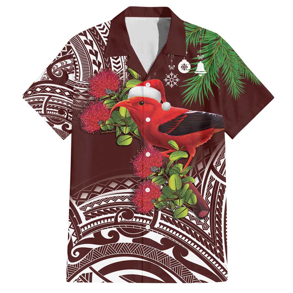 Christmas Hawaii with I'iwi Bird Family Matching Summer Maxi Dress and Hawaiian Shirt Aloha Mele Kalikimaka - Oxblood Art LT9 Dad's Shirt - Short Sleeve Oxblood - Polynesian Pride