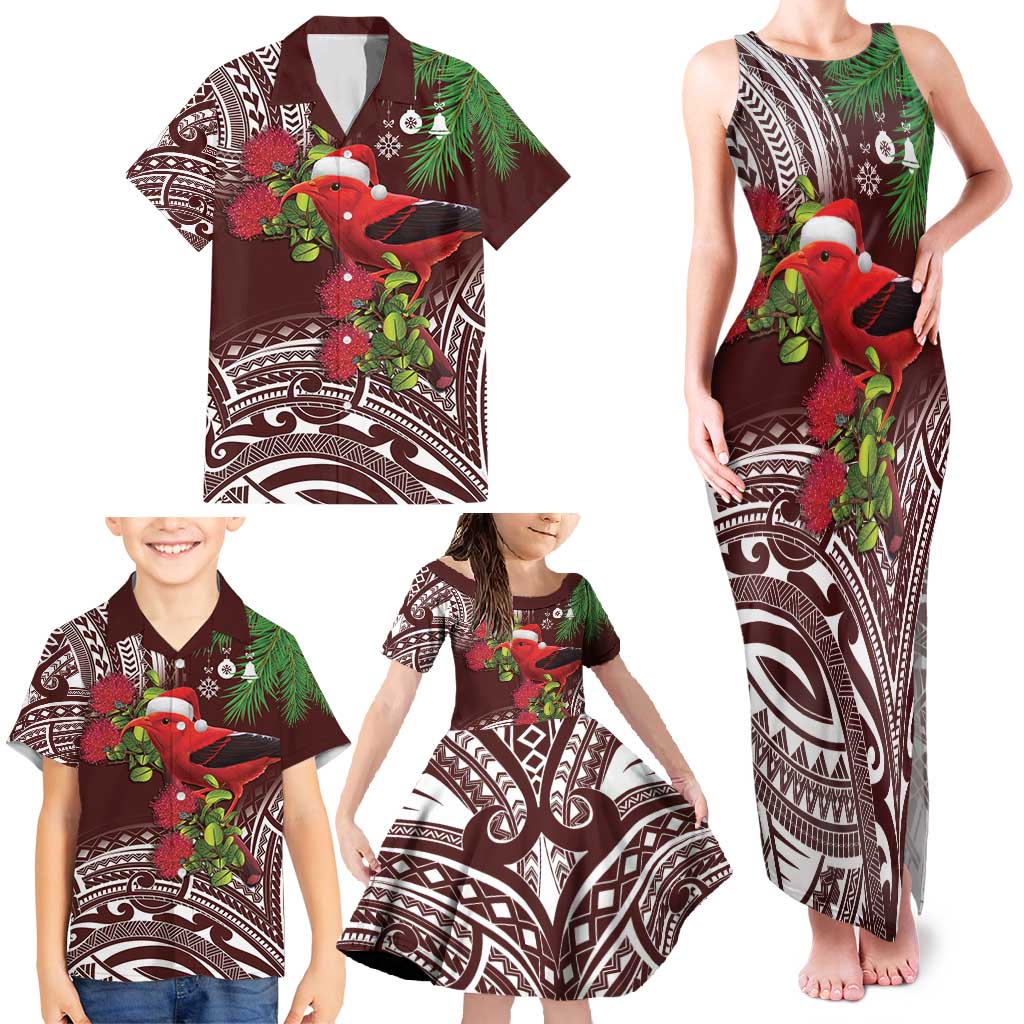 Christmas Hawaii with I'iwi Bird Family Matching Tank Maxi Dress and Hawaiian Shirt Aloha Mele Kalikimaka - Oxblood Art LT9 - Polynesian Pride